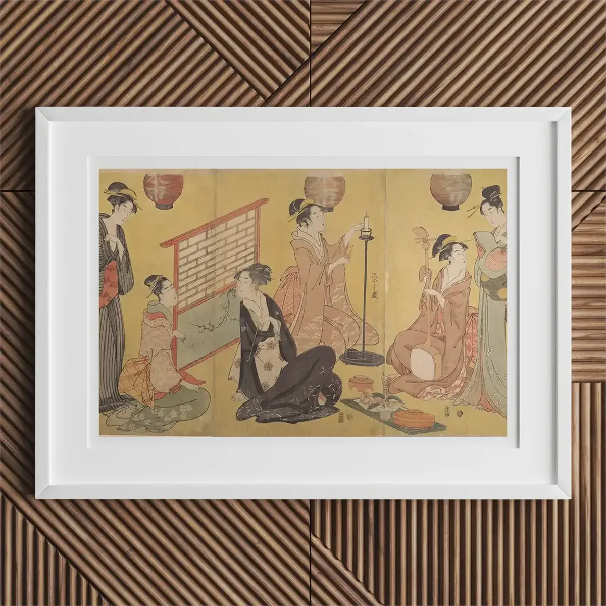 Impression sur bois encadrée de l'ukiyo-e japonais de la période Edo mettant en scène des scènes de théâtre kabuki