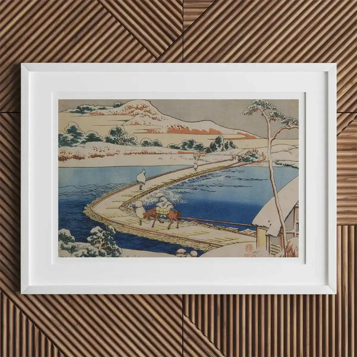 Impression encadrée de paysage d'hiver japonais mettant en valeur les estampes sur bois Ukiyo-e de la période Edo