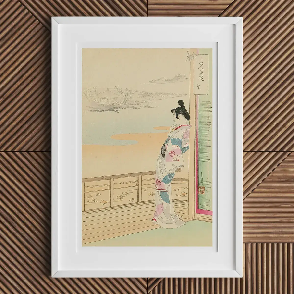 Gerahmter japanischer Holzschnitt von Ogata Gekko aus der Meiji-Ära.