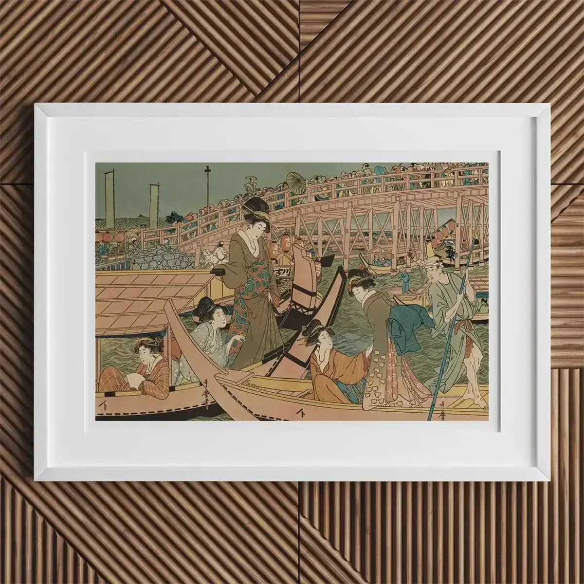 Gravure sur bois japonaise encadrée présentant l'Ukiyo-e de la période Edo et le théâtre Kabuki.