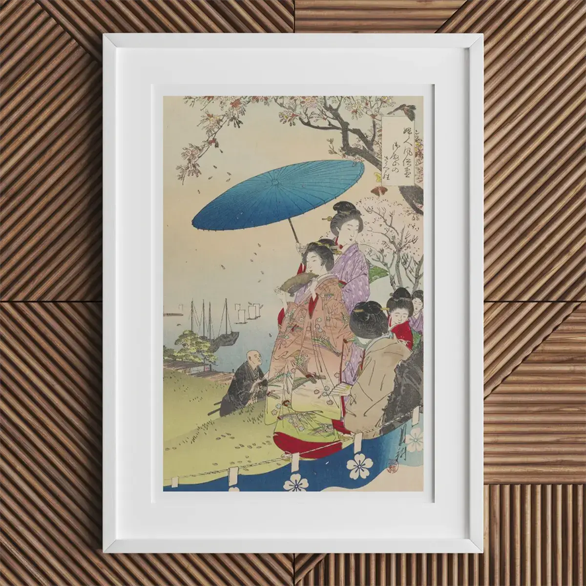 Gerahmter japanischer Holzschnitt von Ogata Gekko aus der Meiji-Ära.