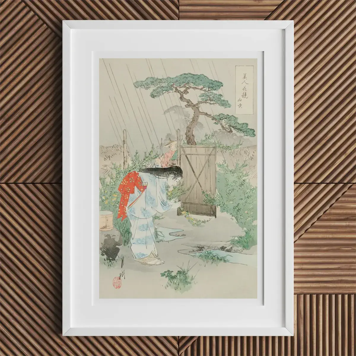 Gerahmter japanischer Holzschnitt von Ogata Gekko aus der Meiji-Ära.