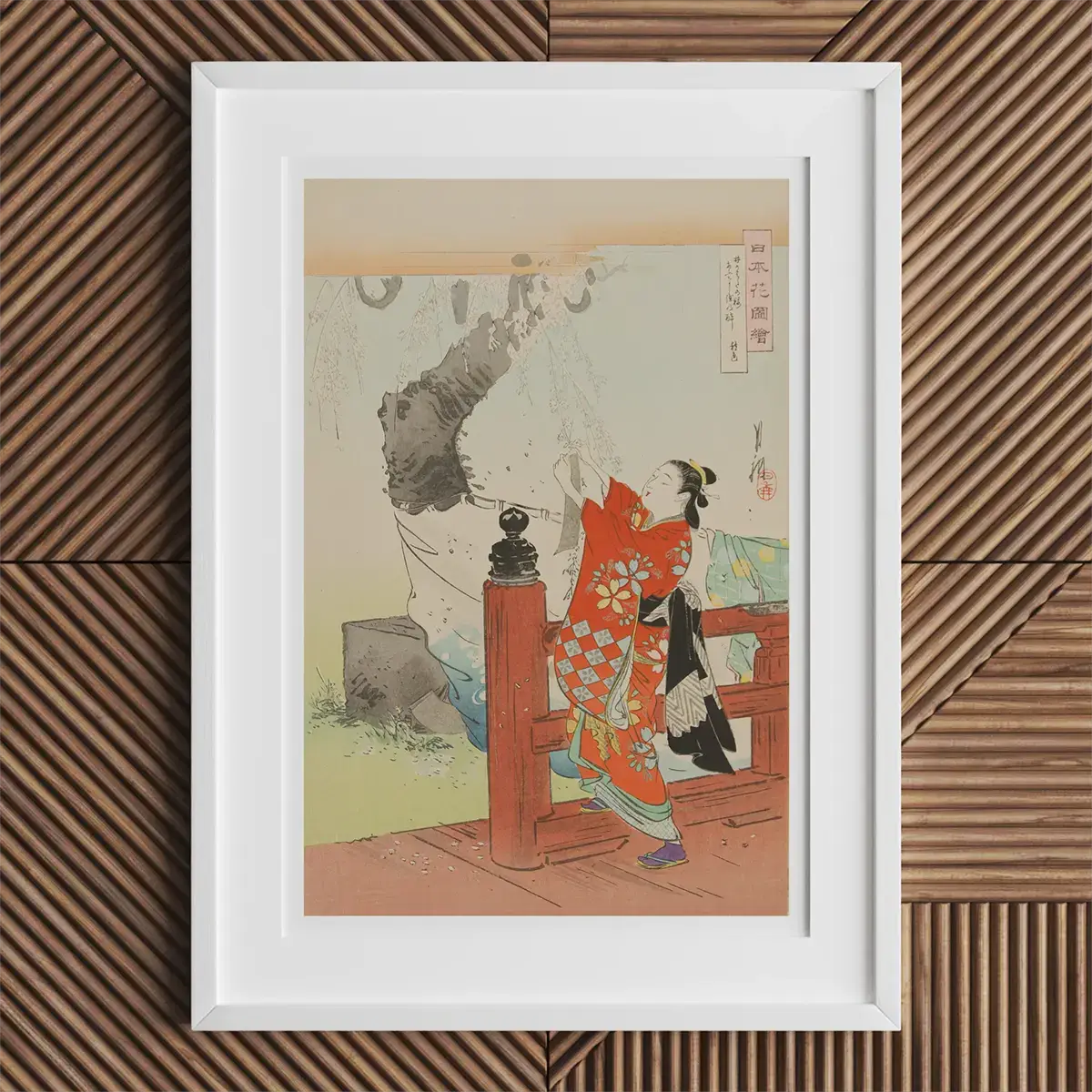 Gerahmter japanischer Holzschnitt von Ogata Gekko aus der Meiji-Ära, der Kunstfertigkeit zeigt.