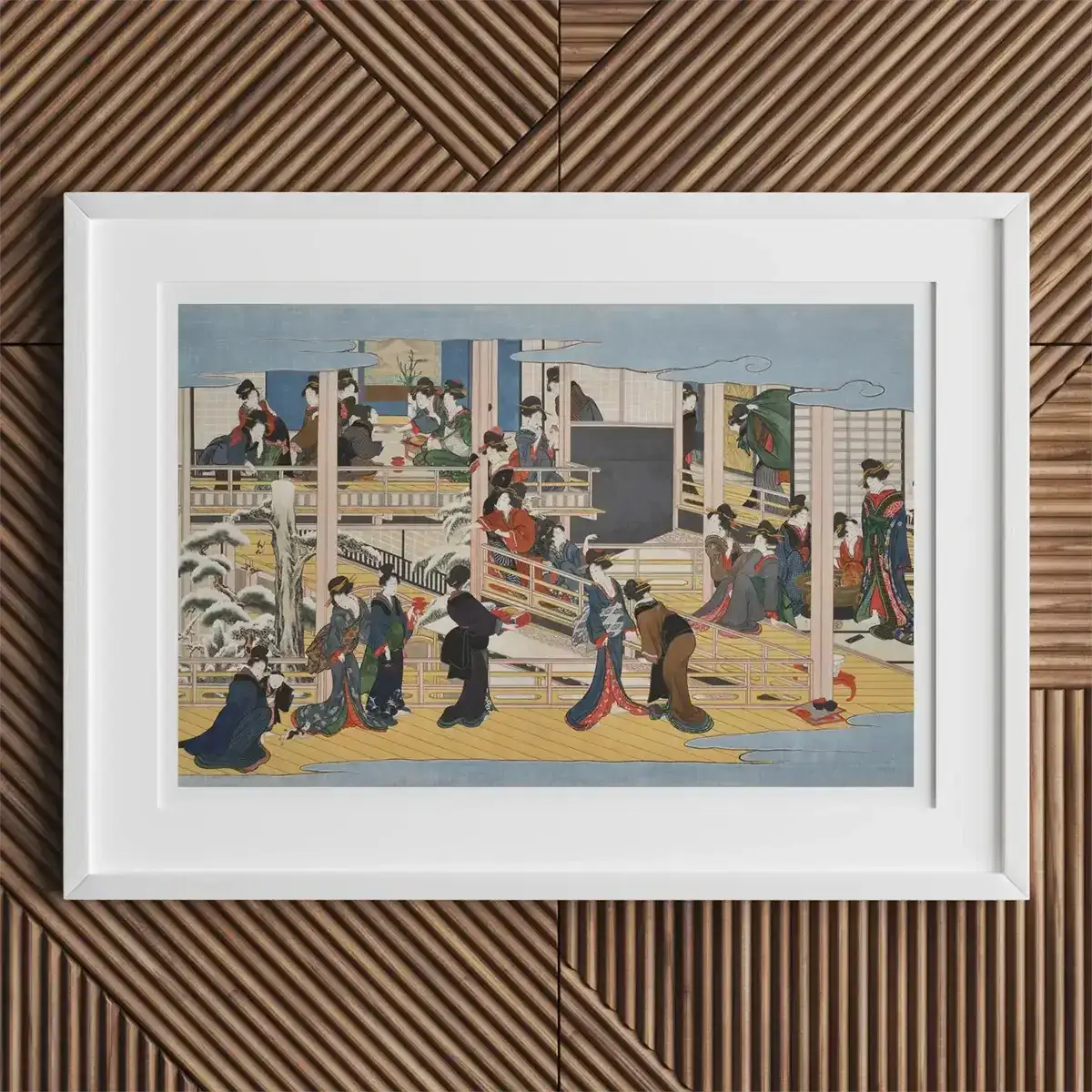 Gravure sur bois japonaise encadrée présentant l'art Ukiyo-e de la période Edo.