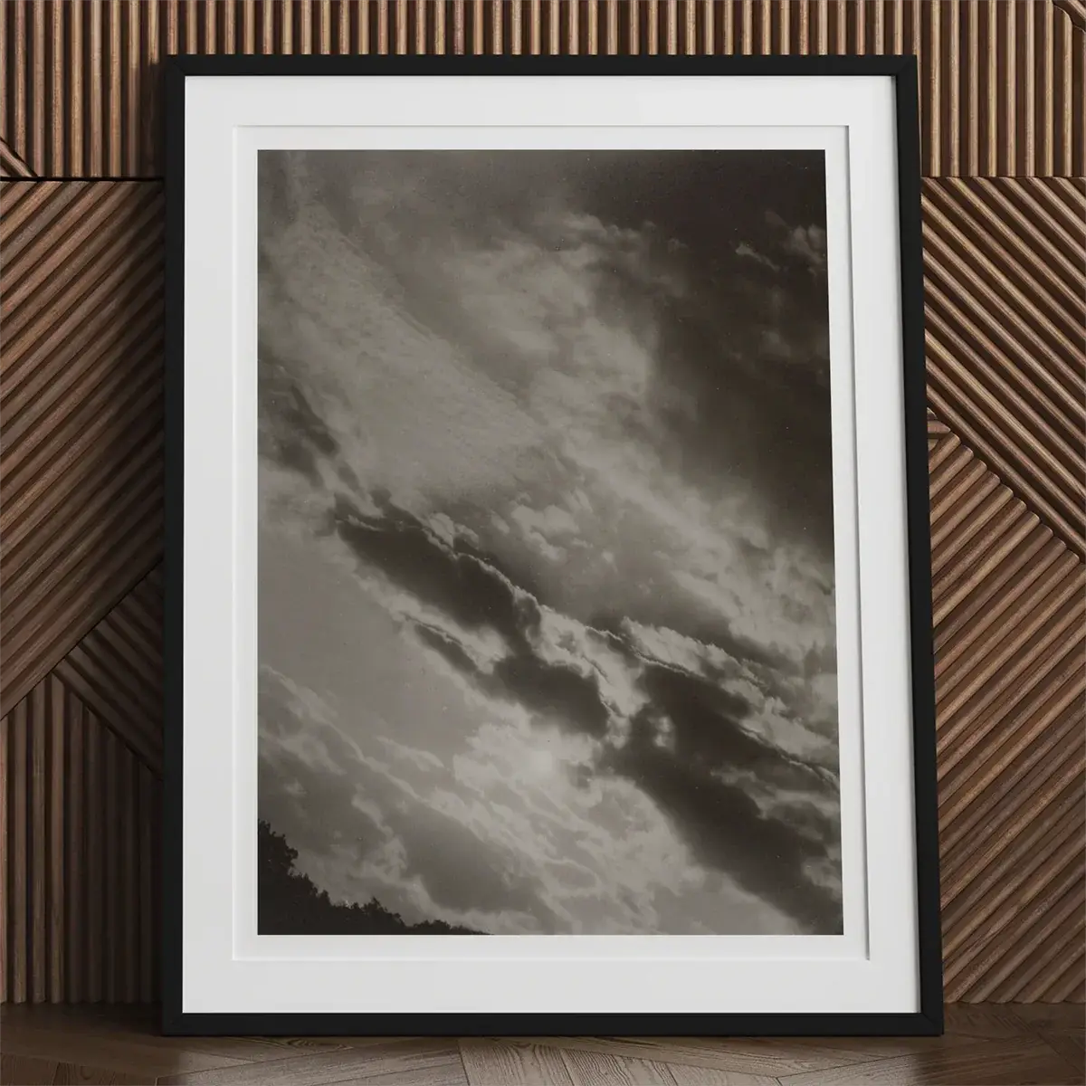 Framed monochrome cloudscape print from Alfred Stieglitz collection at Lake George