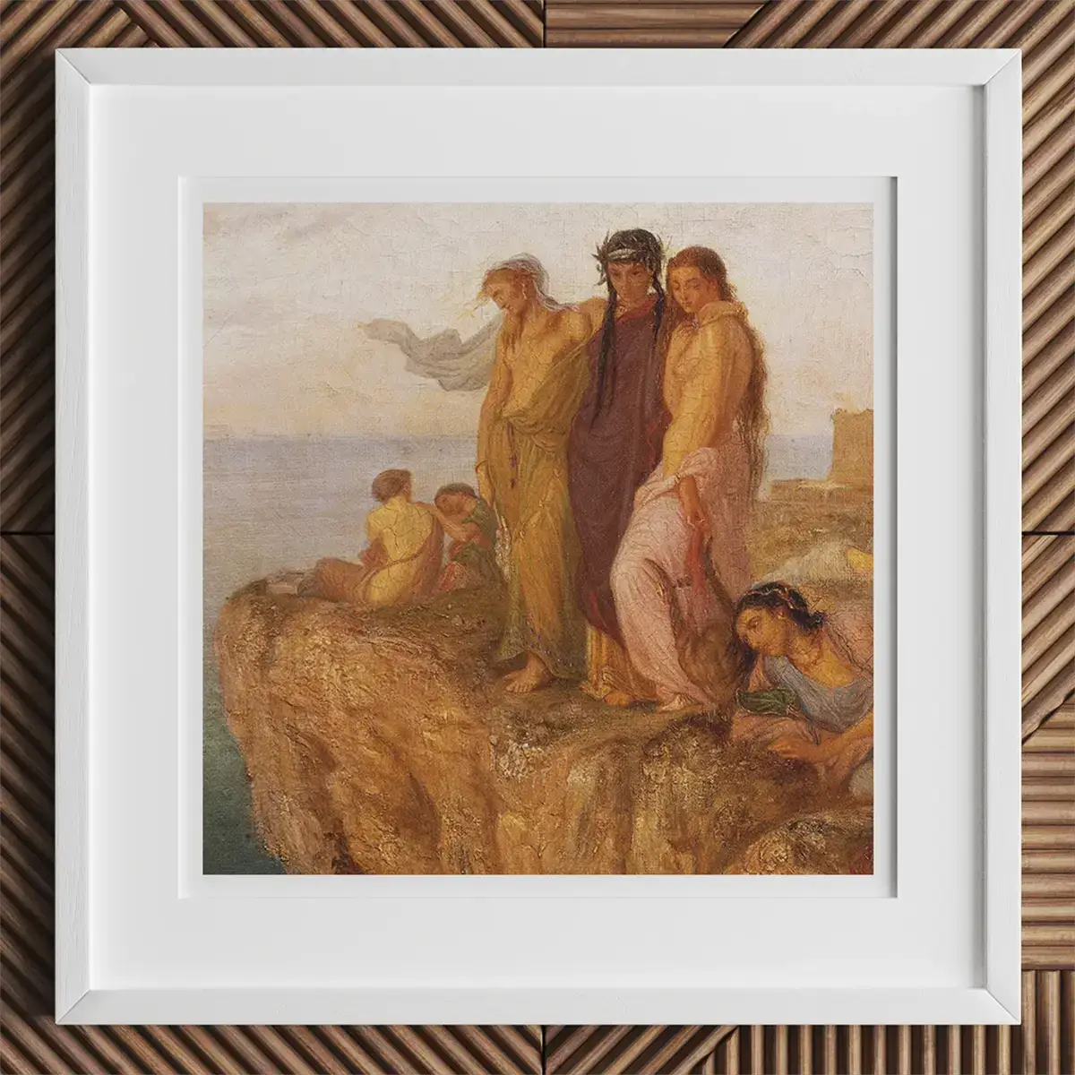 Ingelijste schilderij dat figuren op een klif afbeeldt, met invloeden van LGBTQ+ kunst.