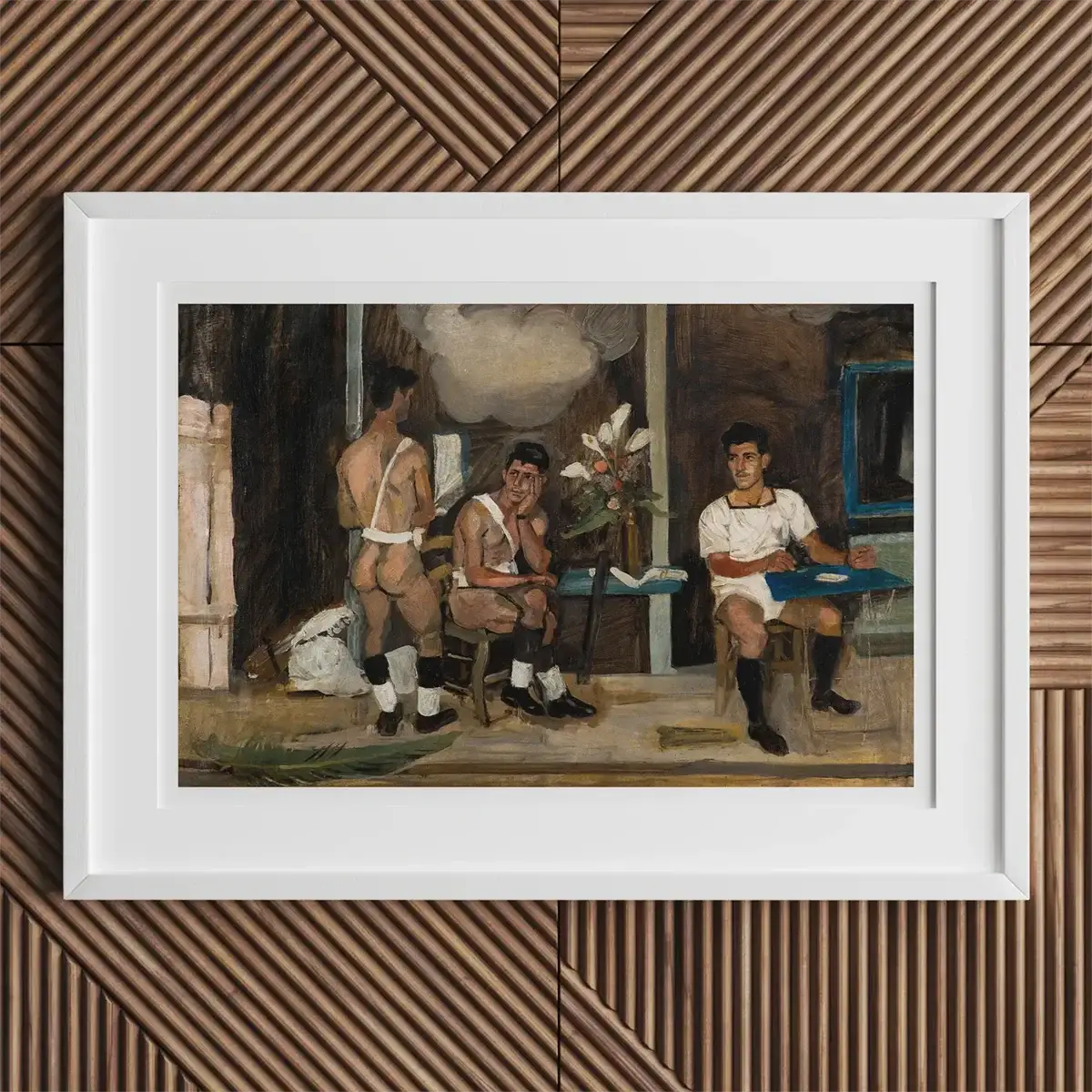 Framed painting of nude athletes by Yannis Tsarouchis in modern Greek art style