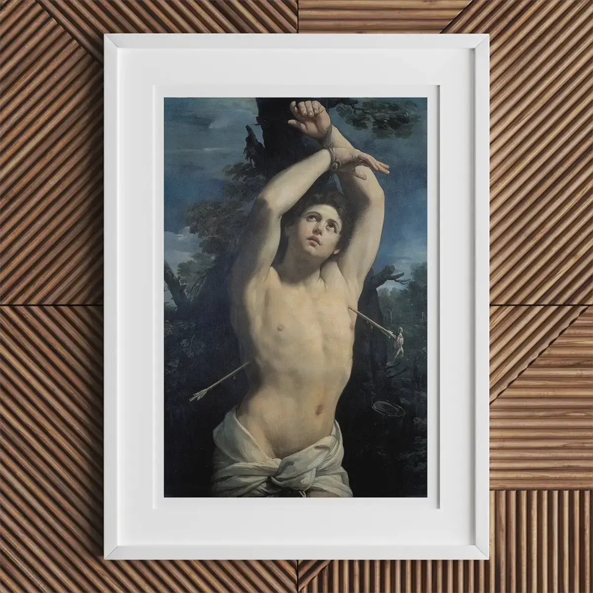 Ingelijst schilderij van Sint-Sebastiaan in de context van een LGBTQ+ kunsttentoonstelling.