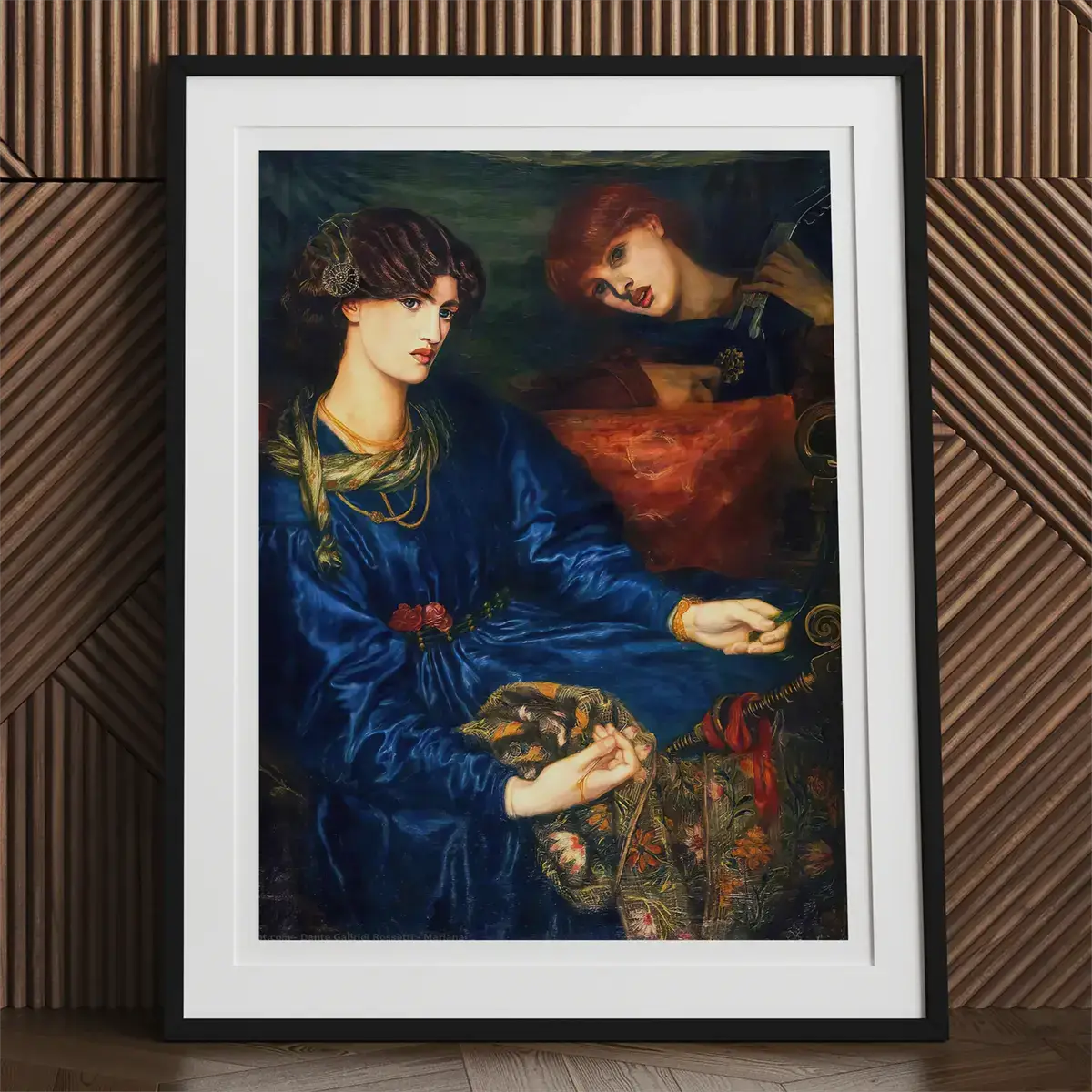 Framed painting of two women by Dante Gabriel Rossetti, featuring Jane Morris.