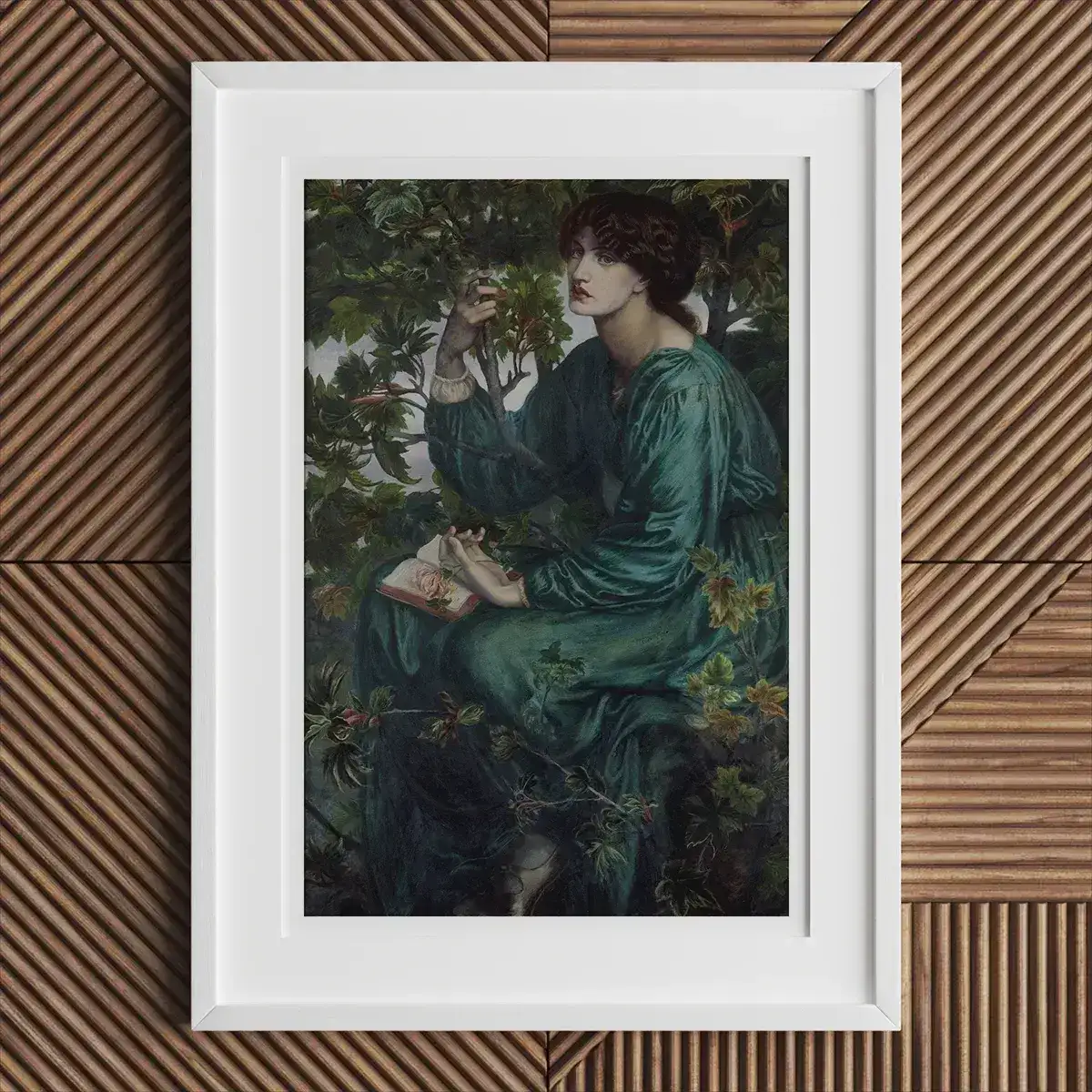 Framed painting of a woman in green, inspired by Dante Gabriel Rossetti and Jane Morris.