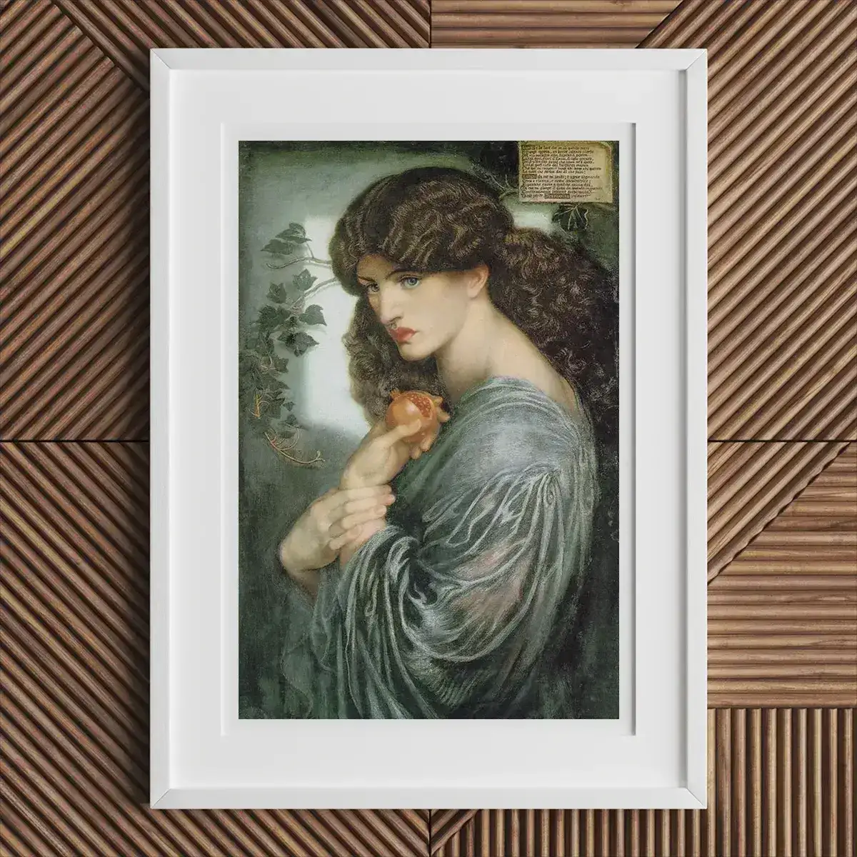 Framed painting of Jane Morris with an apple by Dante Gabriel Rossetti for William Morris.