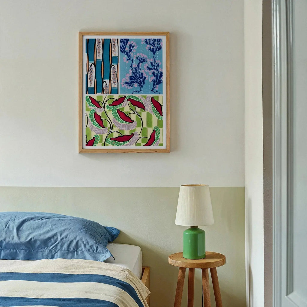 Floréal-dessins & Coloris Nouveaux - E.a. Séguy Art Print, Framed Artwork Blue Floral Patterns Red-green Feather Designs