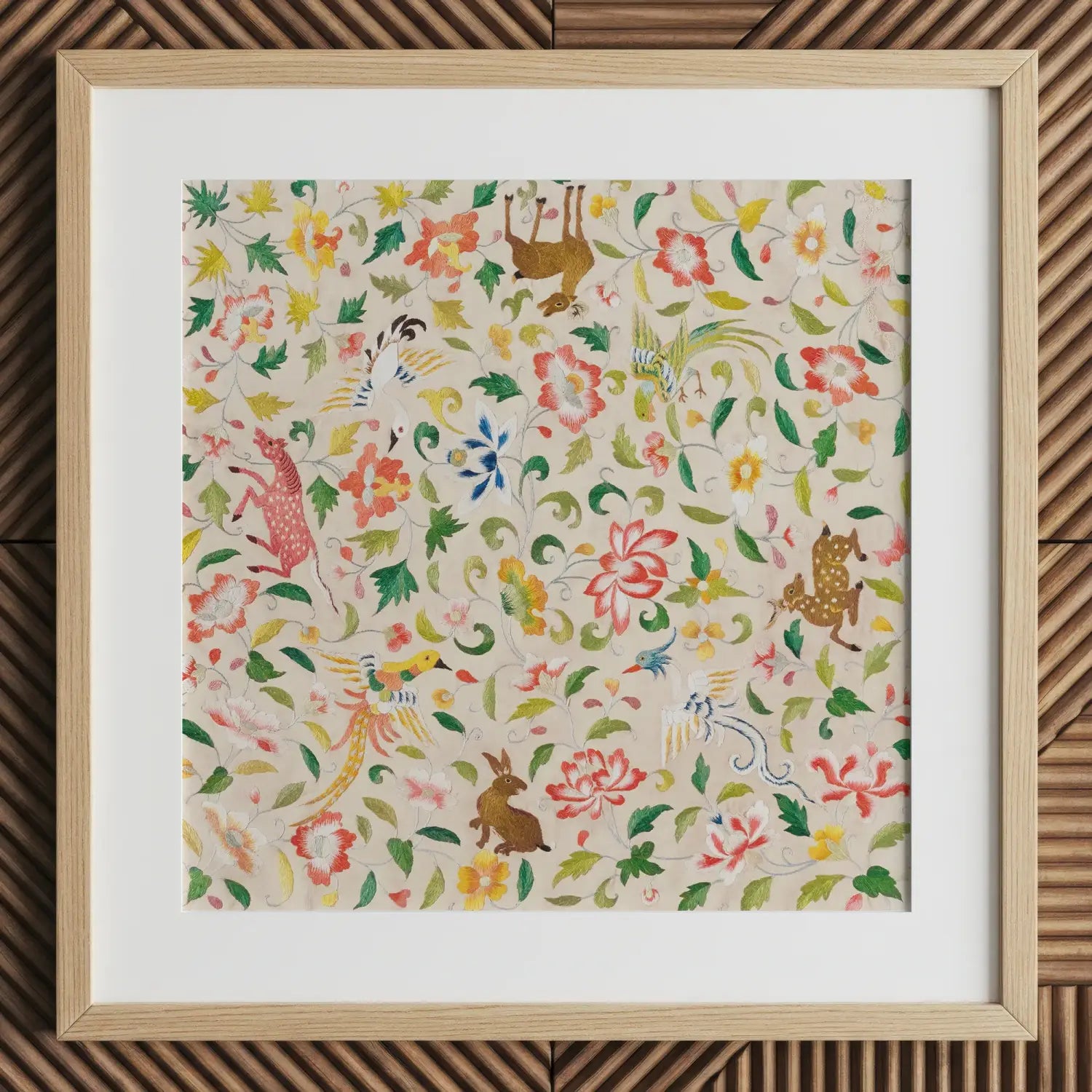 William Morris-inspired floral pattern textile art print with embroidered flowers and animals