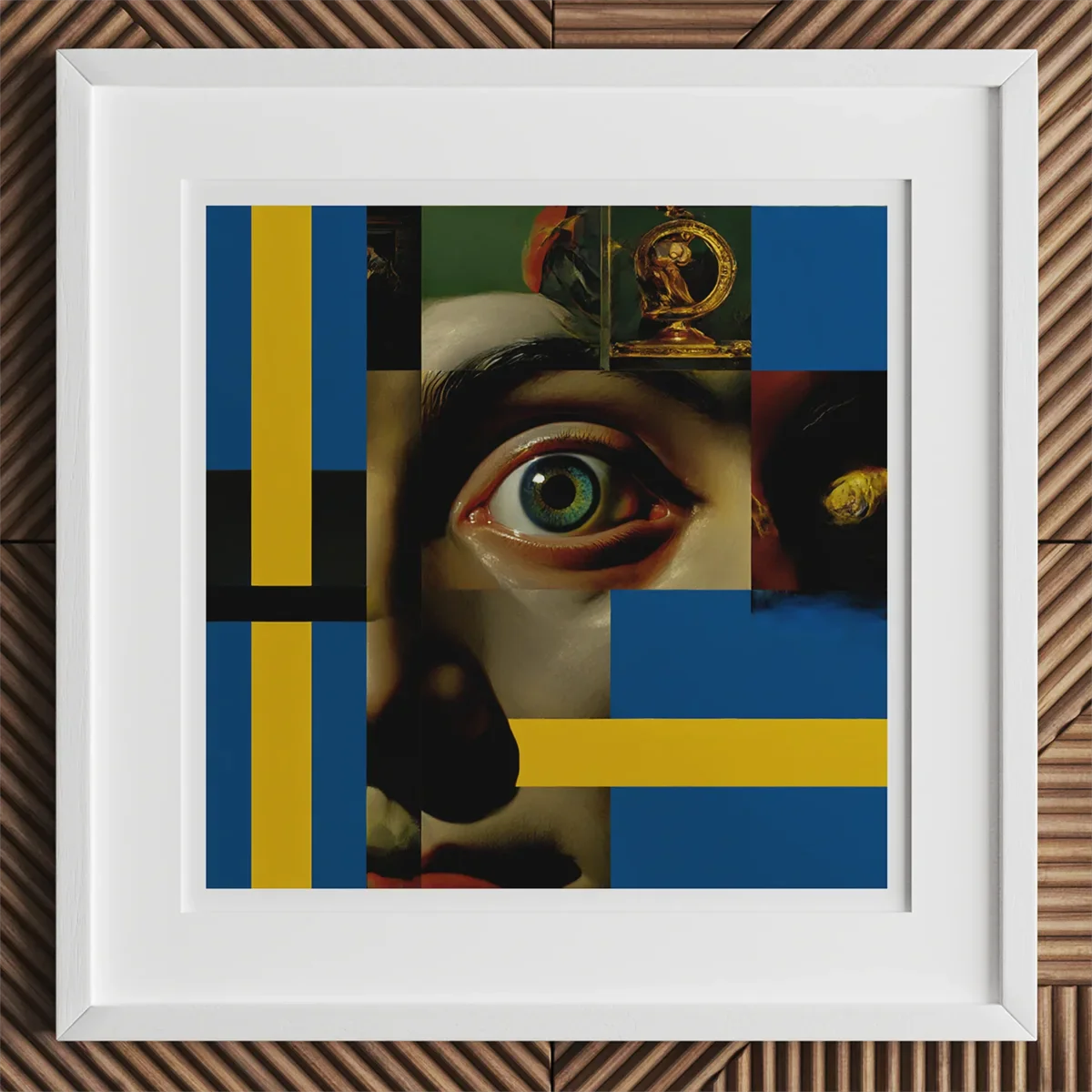 Framed surrealist collage reflecting mad genius and tortured artist themes in art history