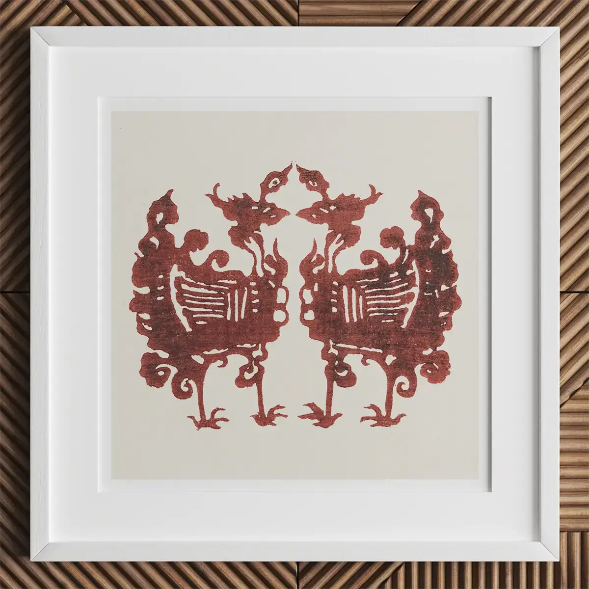 Framed symmetrical bird art inspired by Taguchi Tomoki’s Tsubaki woodblock prints.