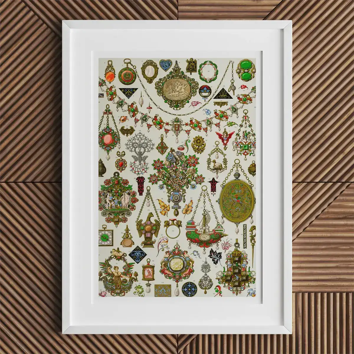 Illustration encadrée de bijoux vintage inspirée par Auguste Racinet pour L’Ornement Polychrome