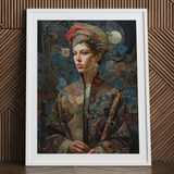 Framed surreal art print of Freyja, Norse goddess portrait.