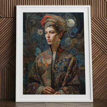 Framed surreal art print of Freyja, Norse goddess portrait.