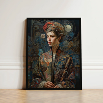 Framed Portrait Woman Ornate Patterned Robe Turban Intricate Norse Realms Unfurls, Surreal Goddess, Mighty Seeker