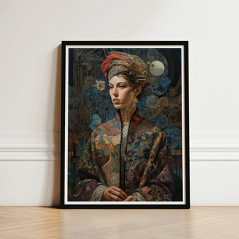 Framed Portrait Woman Ornate Patterned Robe Turban Intricate Norse Realms Unfurls, Surreal Goddess, Mighty Seeker