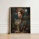 Framed Portrait Woman Ornate Patterned Robe Intricate Designs Norse Realms Unfurls, Surreal Goddess, Mighty Seeker
