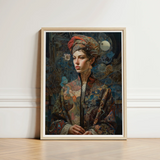 Framed Portrait Woman Ornate Patterned Attire Intricate Embroidery Norse Realms Unfurls, Surreal Goddess, Mighty Seeker