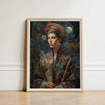 Framed Portrait Woman Ornate Patterned Attire Intricate Embroidery Norse Realms Unfurls, Surreal Goddess, Mighty Seeker
