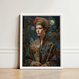 Framed Portrait Woman Ornate Patterned Robe Intricate Embroidery Norse Realms Unfurls, Surreal Goddess, Mighty Seeker