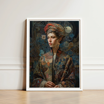 Framed Portrait Woman Ornate Patterned Robe Intricate Embroidery Norse Realms Unfurls, Surreal Goddess, Mighty Seeker