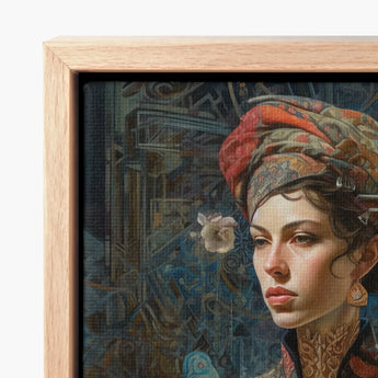 Framed Artwork Woman Intricate Patterned Headwear Ornate Jewelry Norse Realms Unfurls, Surreal Goddess, Mighty Seeker