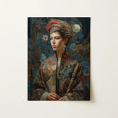 Richly Detailed Portrait Painting Woman Ornate Patterned Attire Norse Realms Unfurls, Surreal Goddess, Mighty Seeker