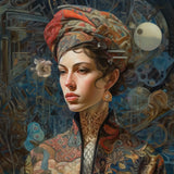 Freyja - Surreal Norse Goddess Art Print / Canvas Woman Adorned Intricately Patterned Red Gold Headscarf Ornate Norse Realms Unfurls,