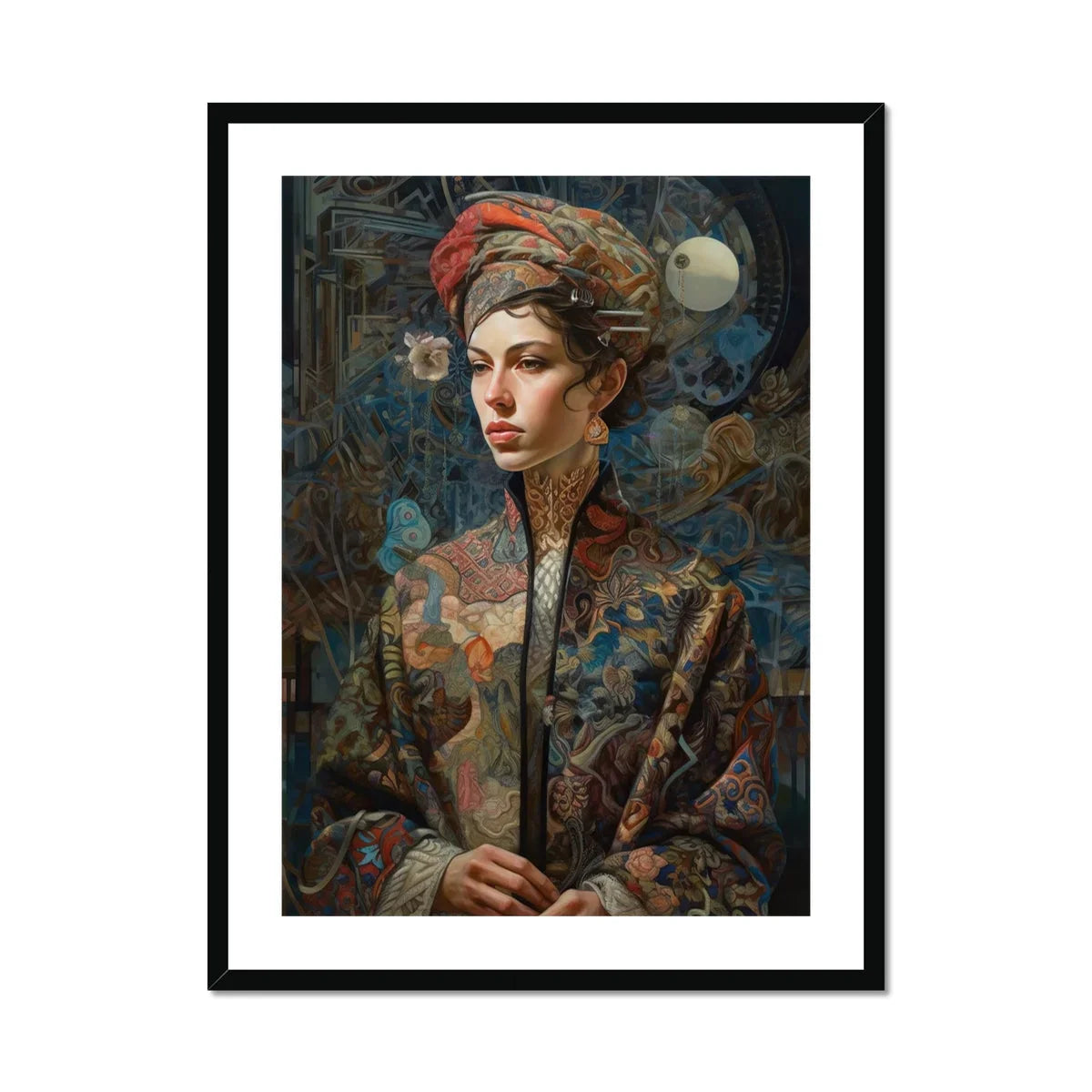 Freyja Surreal Norse Goddess Art Print, Portrait Painting Figure Ornate Floral Jacket Red Turban Style
