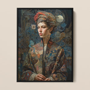 Freyja - Surreal Norse Goddess Framed Canvas, 12x16’’ / 31x41cm / Black Floating Frame, Framed Portrait Woman Ornate Clothing