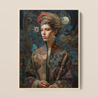 Freyja - Surreal Norse Goddess Framed Canvas, 12x16’’ / 31x41cm / Natural Floating Frame, Portrait Woman Elaborate Patterned Robe Turban