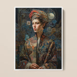Freyja - Surreal Norse Goddess Framed Canvas, 12x16’’ / 31x41cm / White Floating Frame, Framed Portrait Woman Ornate Turban Patterned Robe