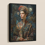 Freyja - Surreal Norse Goddess Framed Canvas, Framed Painting Woman Patterned Headwrap Coat