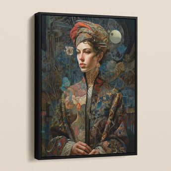 Freyja - Surreal Norse Goddess Framed Canvas, Framed Painting Woman Patterned Headwrap Coat