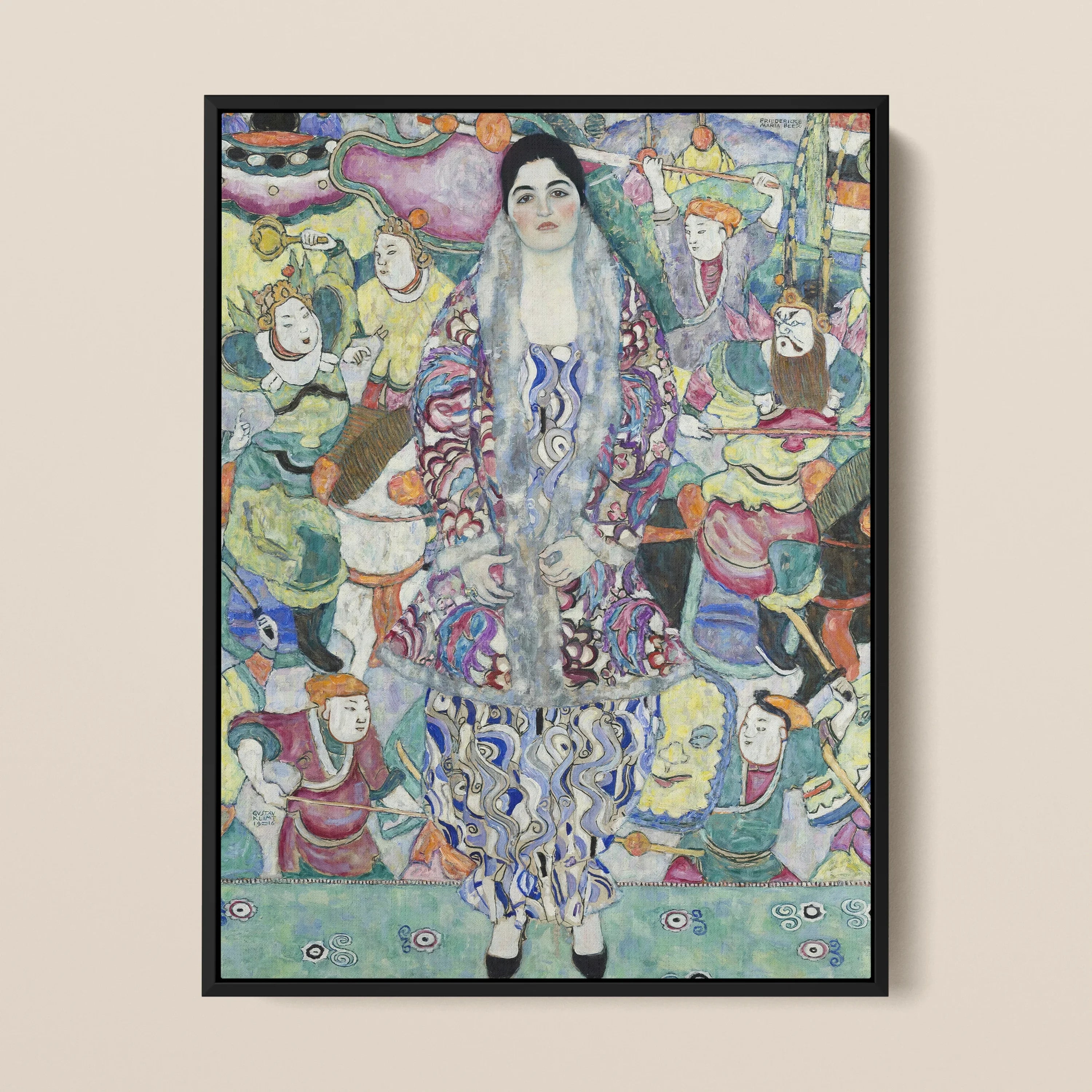 Friederike Maria Beer - Gustav Klimt Portrait Framed Canvas, Colorful Painting Woman Ornate Dress Surrounded Stylized