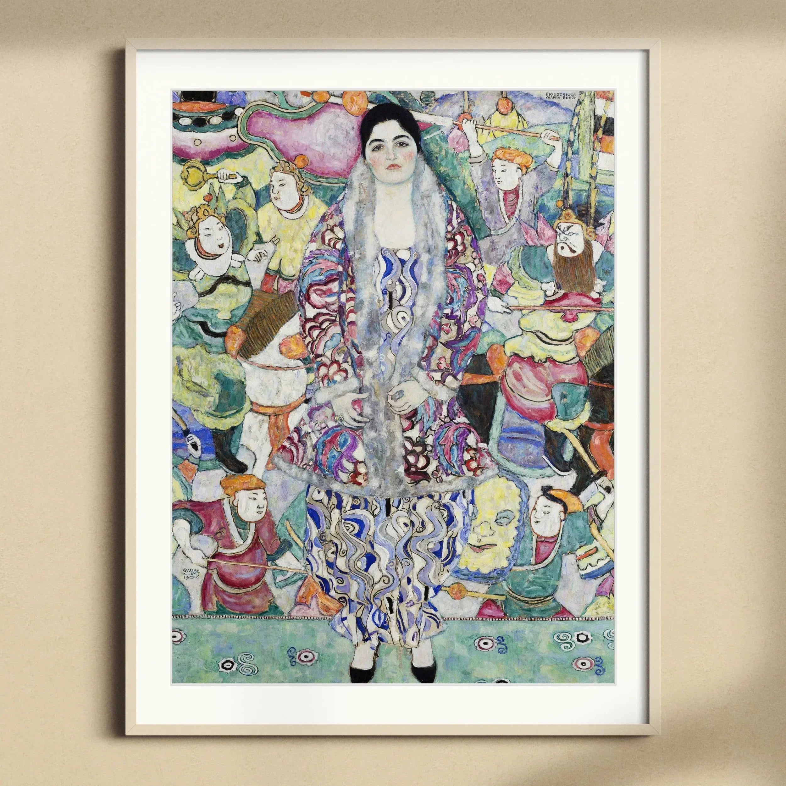 Friederike Maria Beer Gustav Klimt Symbolist Art Print, Portrait Woman Long Ornate Dress Surrounded Decorative Figures