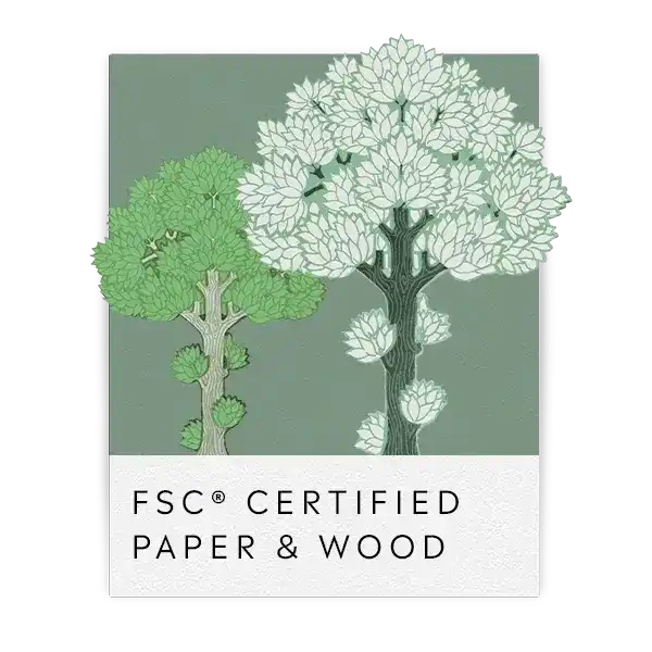 FSC certification logo showing two stylized trees in white and green.