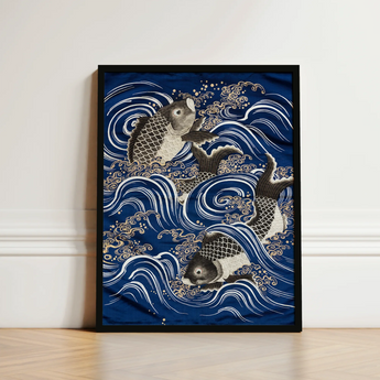 Fukusa and Carp in Waves - Meiji Art Print / Canvas Framed Artwork Intricately Embroidered Koi Fish Stylized Meiji-era Fukusa-inspired