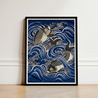 Fukusa and Carp in Waves - Meiji Art Print / Canvas Framed Artwork Three Intricately Detailed Koi Fish Ocean Meiji-era Fukusa-inspired