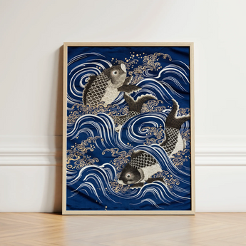 Fukusa and Carp in Waves - Meiji Art Print / Canvas Framed Artwork Intricately Detailed Koi Fish Stylized Meiji-era Fukusa-inspired Fine,