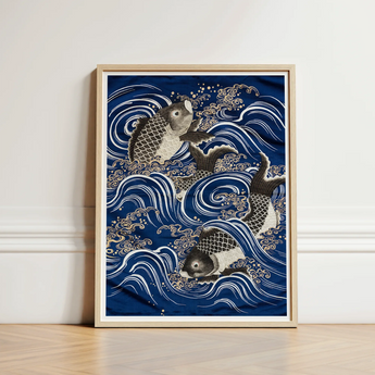 Fukusa and Carp in Waves - Meiji Art Print / Canvas Framed Artwork Three Intricately Detailed Koi Fish Meiji-era Fukusa-inspired Fine,