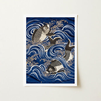 Fukusa and Carp in Waves - Meiji Art Print / Canvas Framed Artwork Three Intricately Detailed Koi Fish Ocean Meiji-era Fukusa-inspired