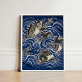 Fukusa and Carp in Waves - Meiji Art Print / Canvas Framed Artwork Three Koi Fish Stylized Deep Meiji-era Fukusa-inspired Fine, Japan’s