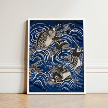Fukusa and Carp in Waves - Meiji Art Print / Canvas Framed Artwork Three Koi Fish Stylized Deep Meiji-era Fukusa-inspired Fine, Japan’s