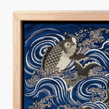 Fukusa and Carp in Waves - Meiji Art Print / Canvas Framed Piece Japanese-inspired Textile Detailed Dark Gray Meiji-era Fukusa-inspired