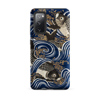 Fukusa and Carp - Japanese Meiji Art Samsung Case, Galaxy S20 Fe / Matte, Dark Blue Phone Case Traditional Japanese-inspired Design Koi